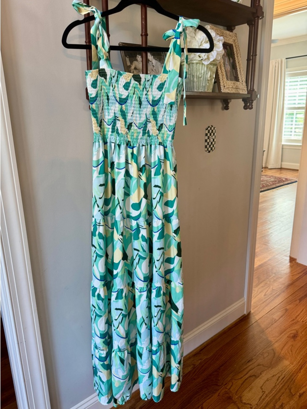 Sleeveless Tie-Shoulder Maxi Dress in Aqua Leaf Print